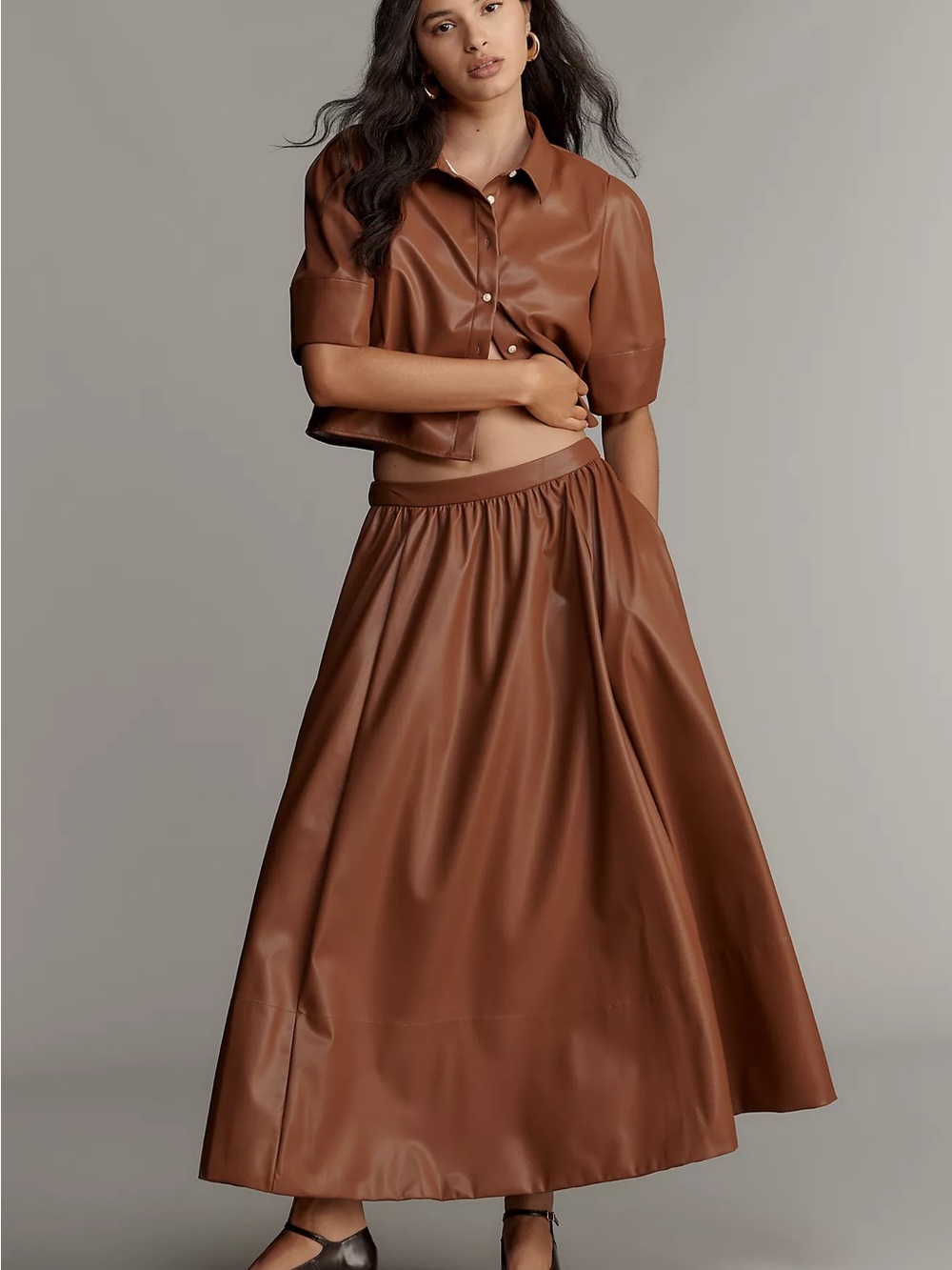 Maeve Chestnut Brown Faux Leather Maxi Skirt Full
